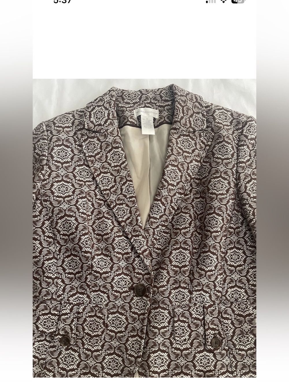 Vintage Worthington Sz 12 brown white paisley floral blazer 3/4 sleeve lined